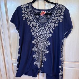 Embroidered Navy Blue Johnny Was Tunic top